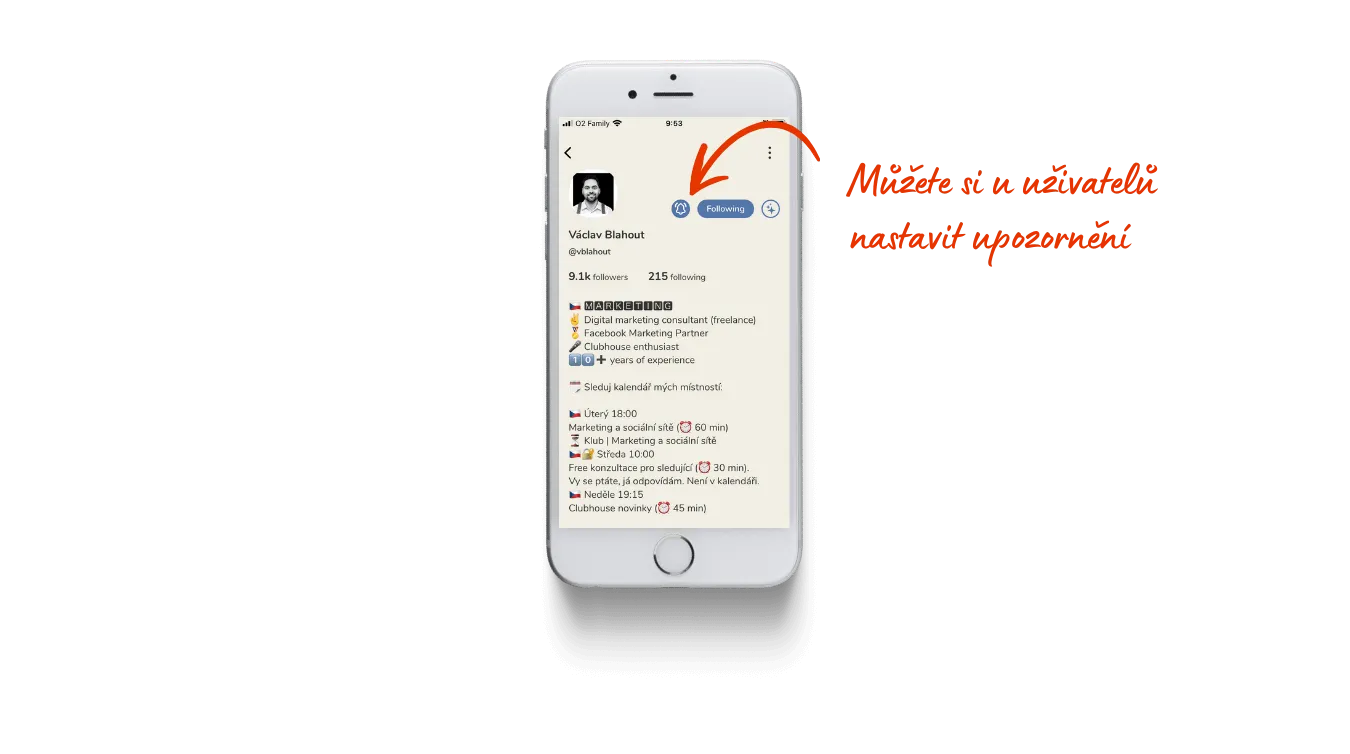 zvoneček upozornění na Clubhouse