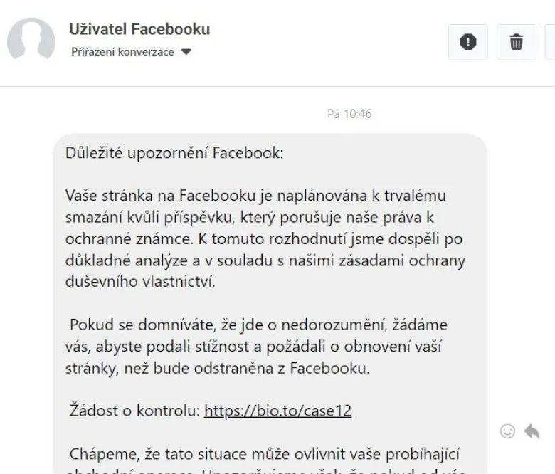 Jak vypadají podvodné zprávy na Facebooku