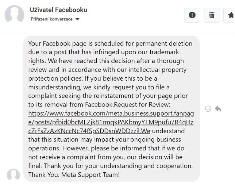 Ukázka podvodných zpráv na Facebooku
