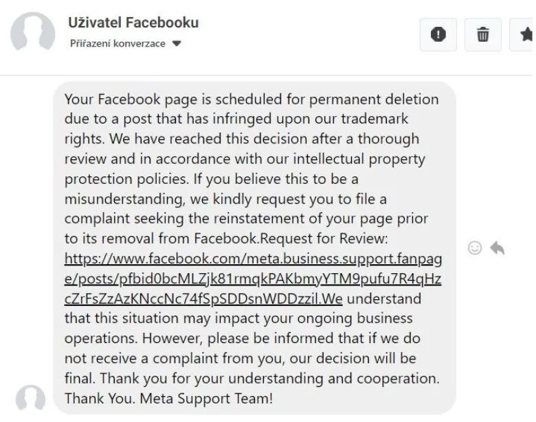 Ukázka podvodných zpráv na Facebooku