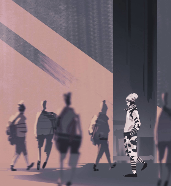 Illustration of a person dressed in patterned clothing and a beanie, walking alone in shadow contrasting with blurred silhouettes of people walking in sunlight.
