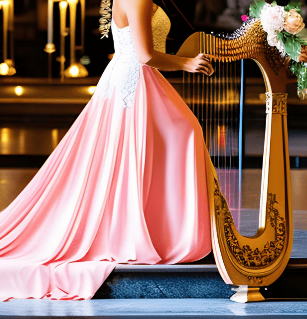 Woman in a pink and white gown playing a decorated harp indoors with candles in the background.
