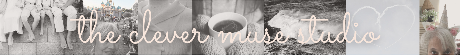 Collage of soft-toned images including people sitting on steps, Disneyland castle, close-up of buttoned coat, hands holding a teacup, ocean waves, heart-shaped clouds, and a woman with a unicorn headband, with the text 'the clever muse studio' overlaid.