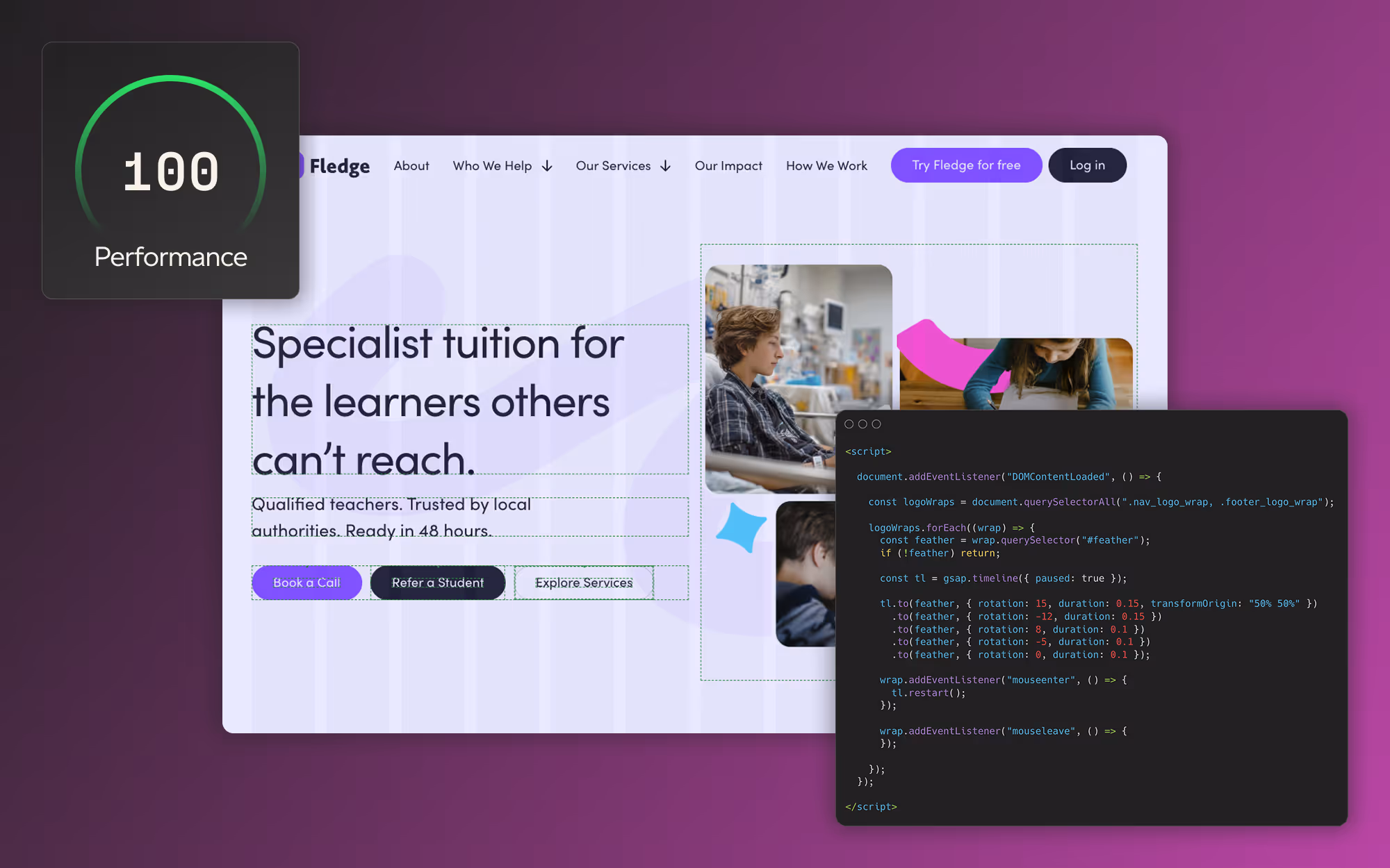 A screenshot of a website showing the high performance score and optimised custom code