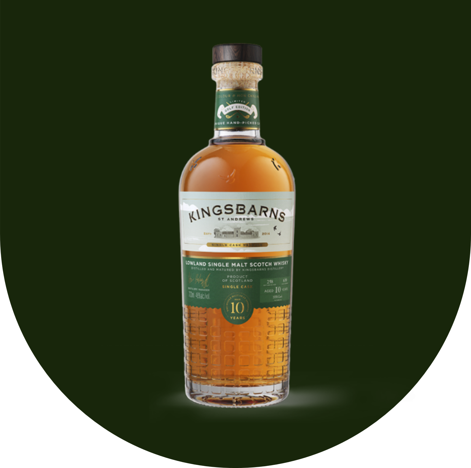 Bottle of Kingsbarns 10-year-old Lowland Single Malt Scotch Whisky with a green label and textured glass bottom.