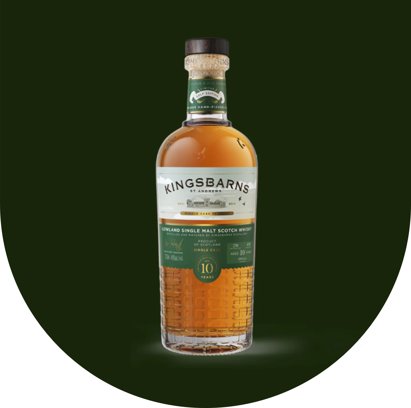 Bottle of Kingsbarns 10-year-old Lowland Single Malt Scotch Whisky with a green label and textured glass bottom.
