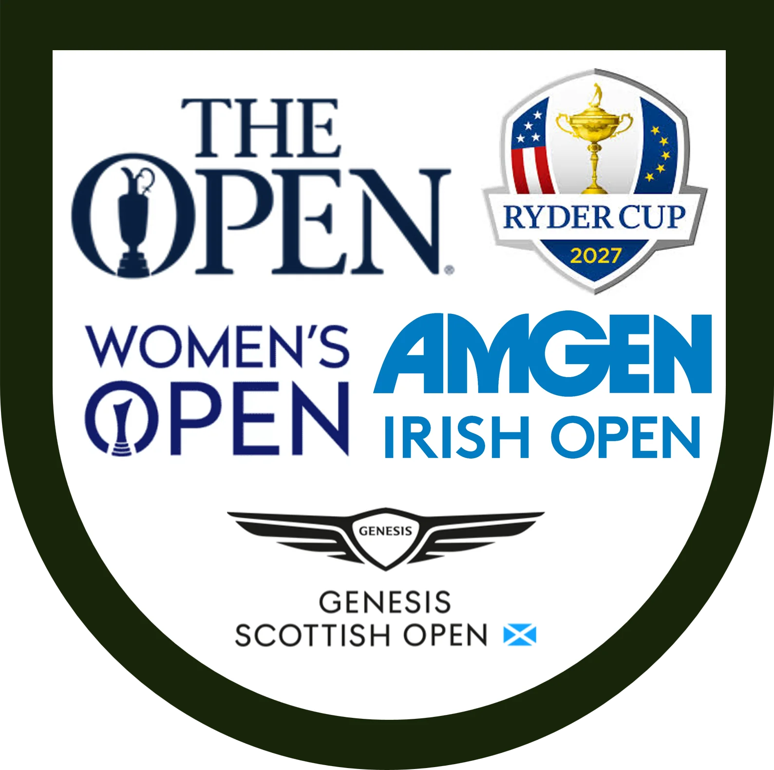 Logos of major golf tournaments: The Open, Ryder Cup 2027, Women's Open, Amgen Irish Open, and Genesis Scottish Open with a Scottish flag.