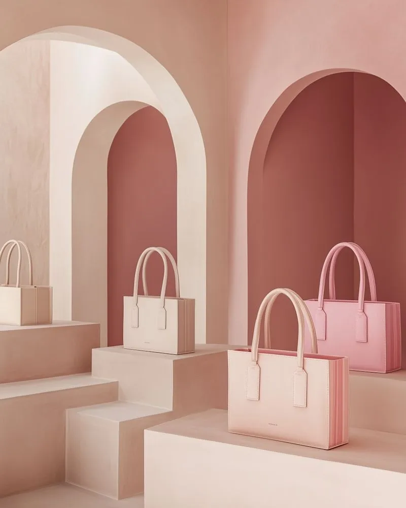A row of pink and white bags sitting on top of a set of steps.