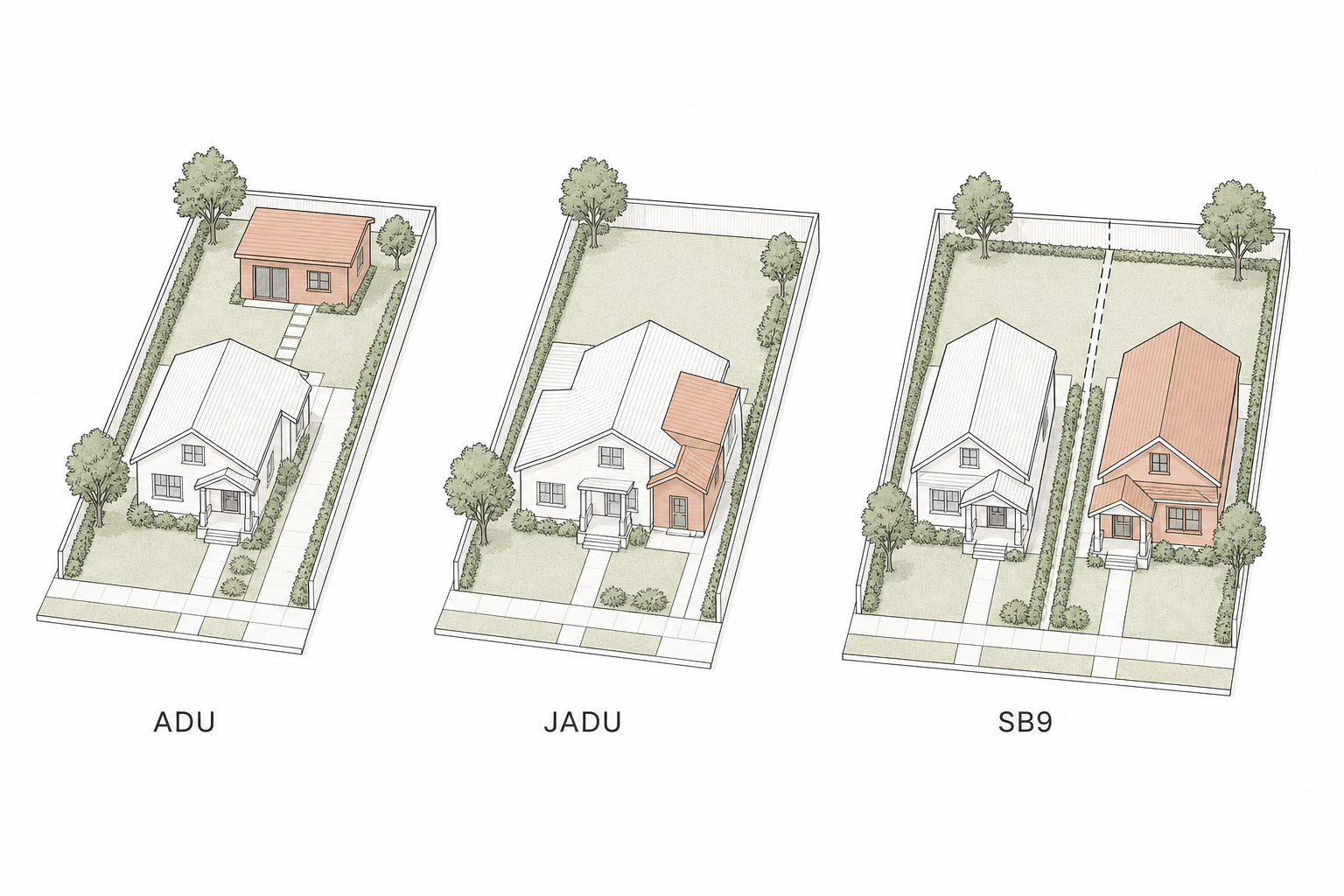 Diagram comparing ADU, JADU, and SB9 on a typical Los Angeles lot