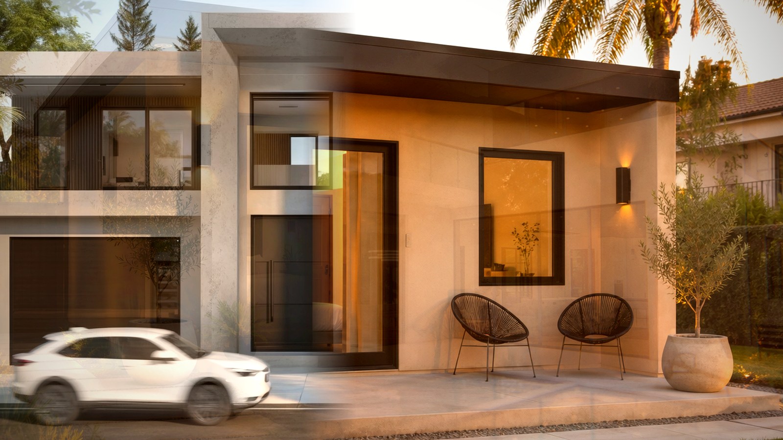 Editorial diagram of one Encino house with a single design-build team versus a split architect and contractor handoff