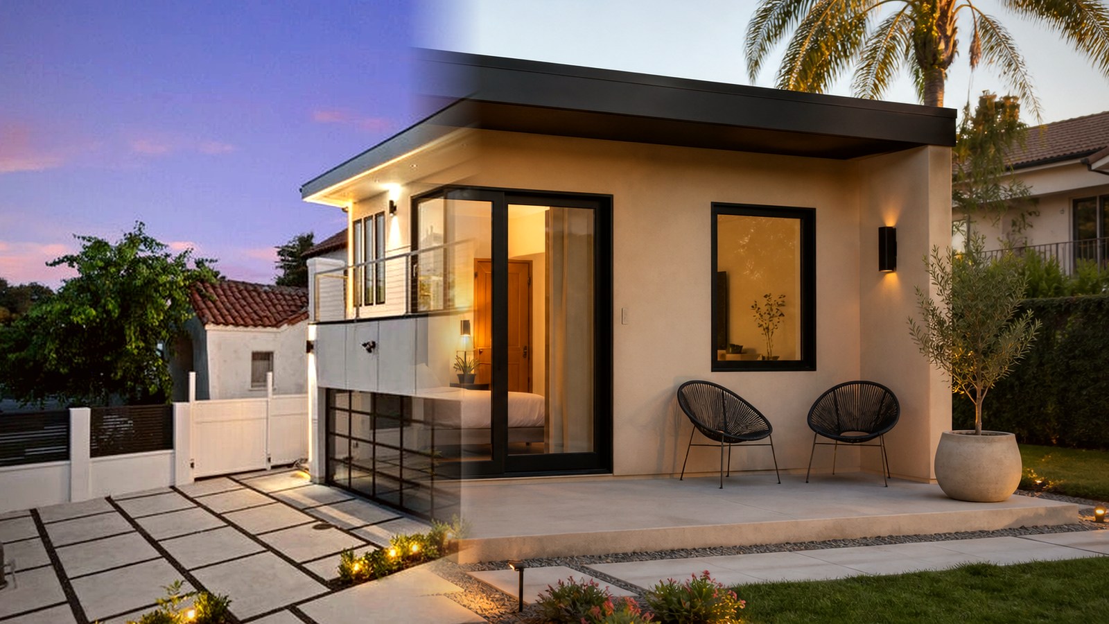 Editorial diagram of one Encino house with a single design-build team versus a split architect and contractor handoff