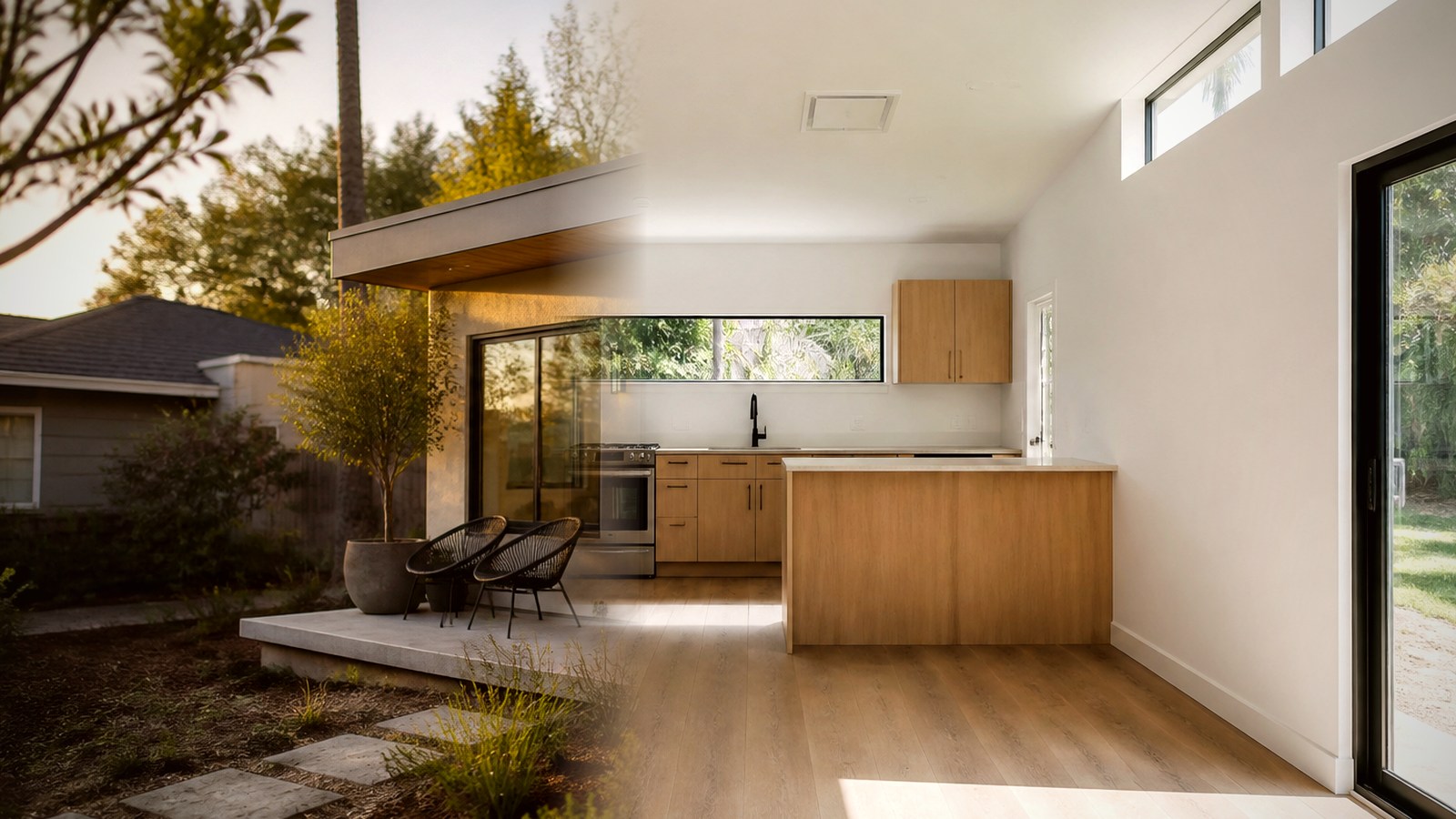 Editorial diagram of one Encino house with a single design-build team versus a split architect and contractor handoff