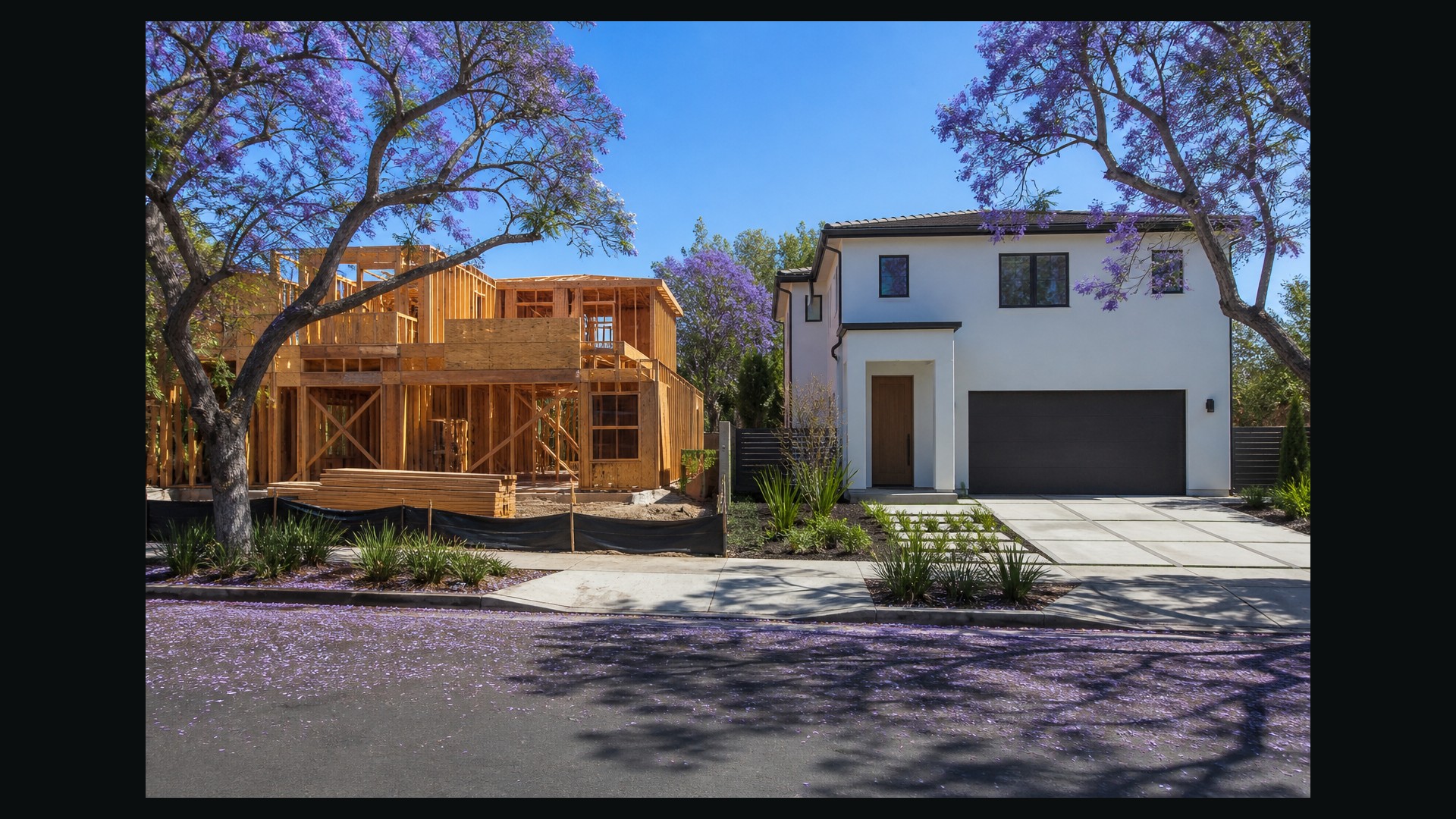 Photoreal Los Angeles two-house property on a residential lot, no text
