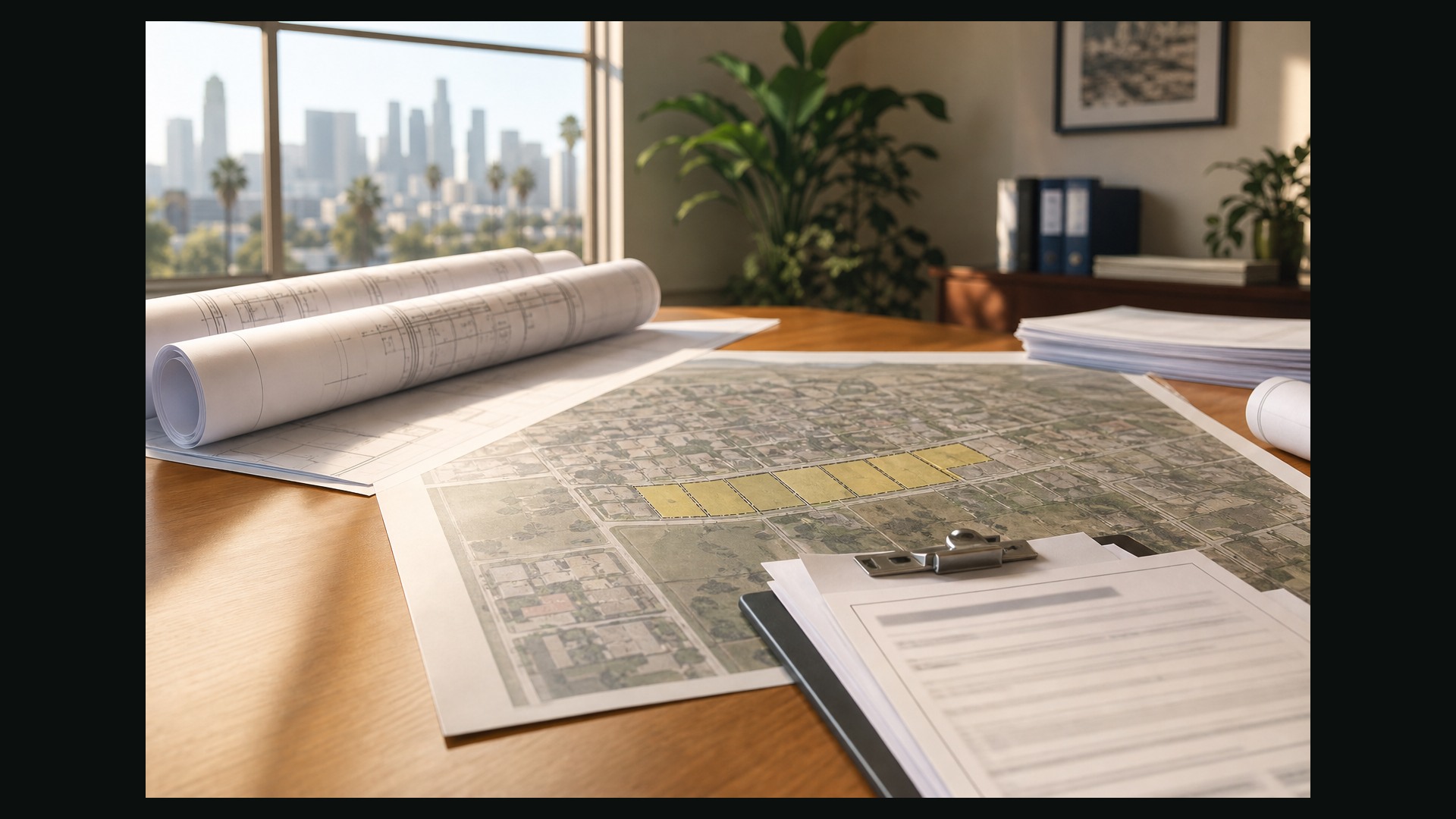 Photoreal Encino lot and house exterior for a split lot and build path, no diagrams