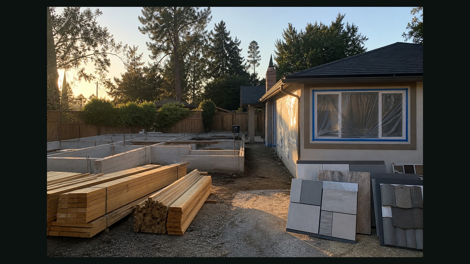 Photoreal Encino lot with house and building materials, no dollar signs or text