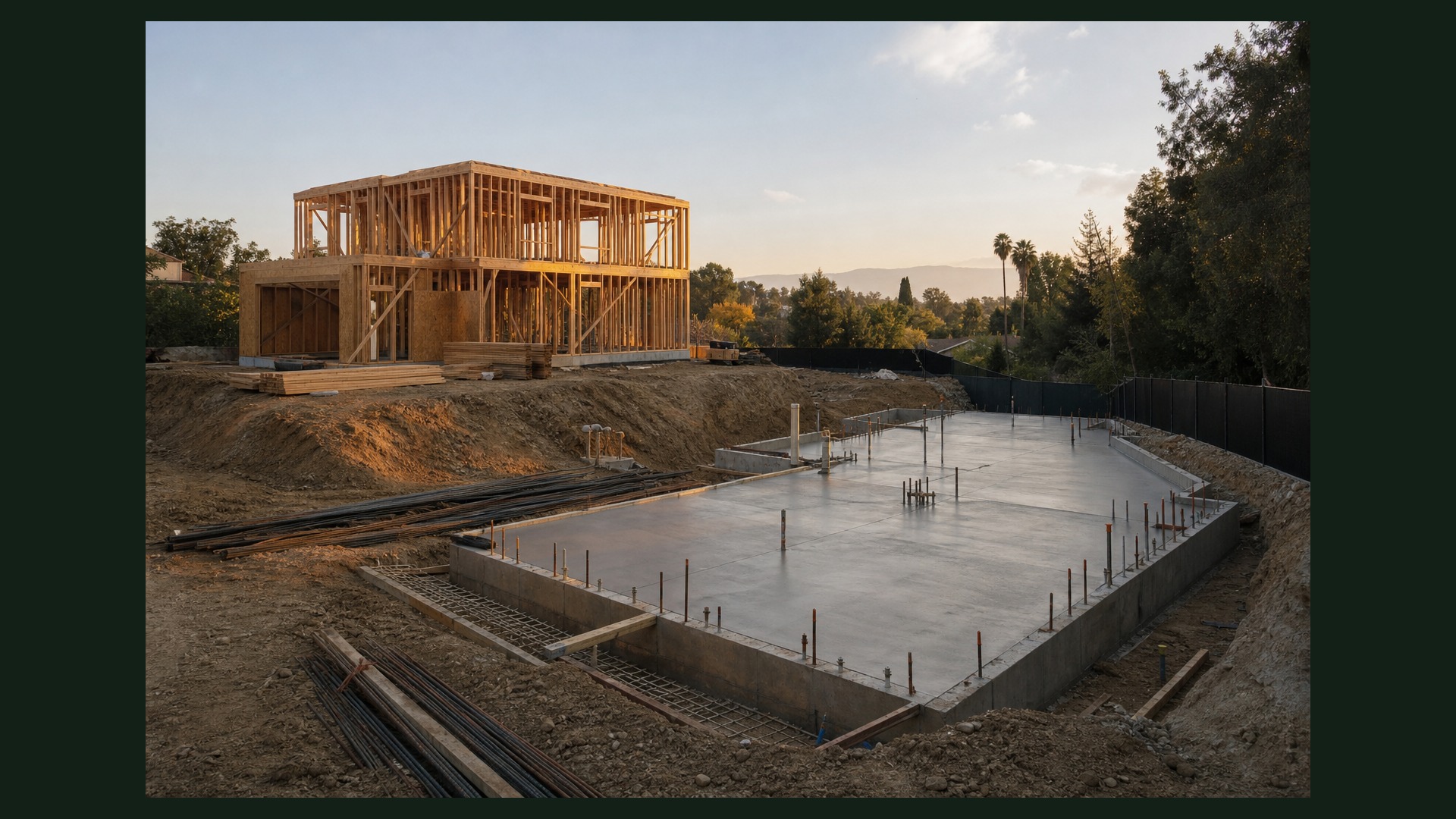 Photoreal Encino lot and construction materials at project start, no diagrams