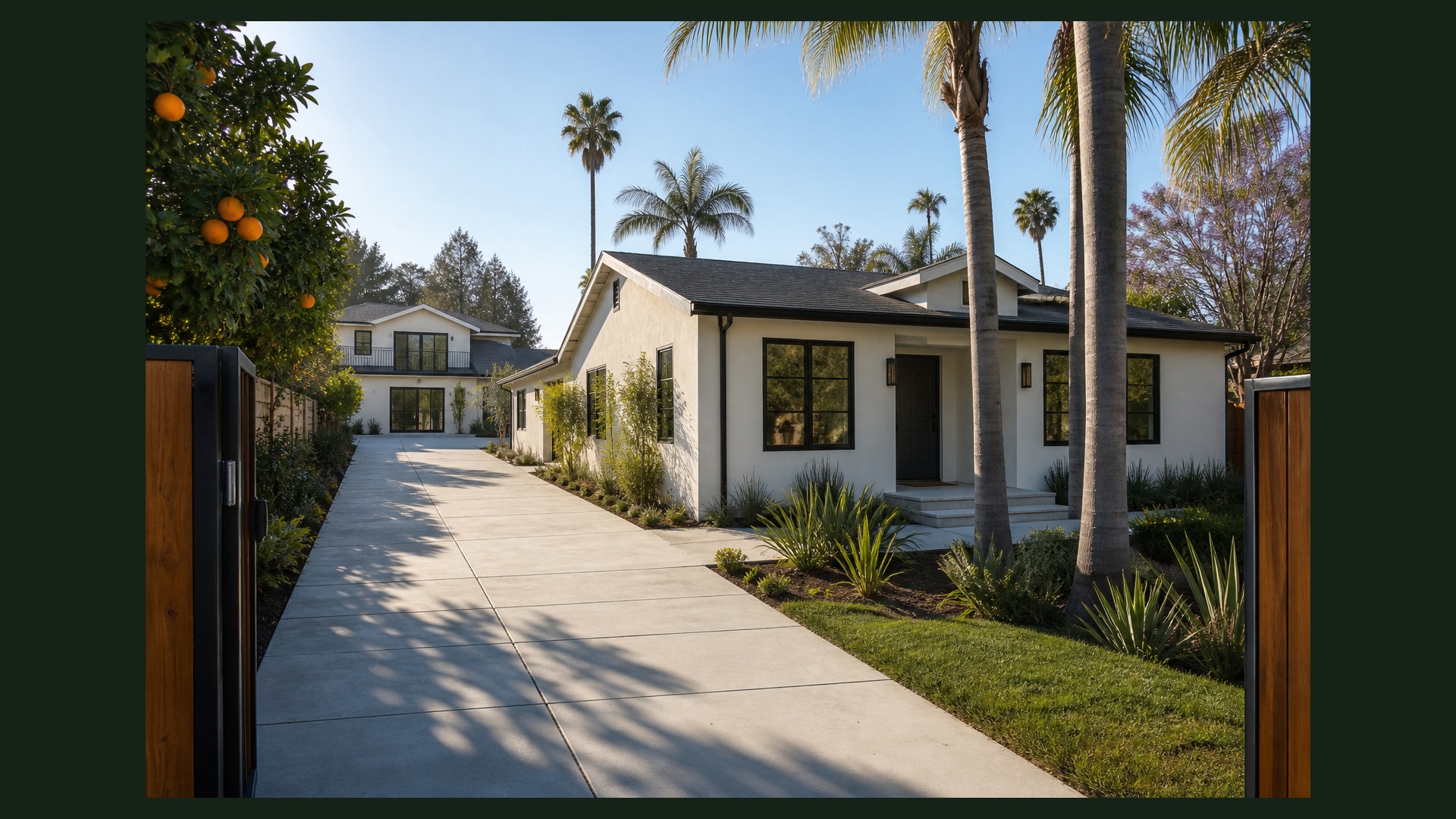 Photoreal two-unit Encino Los Angeles property for an SB9 permit path, no people or stamps
