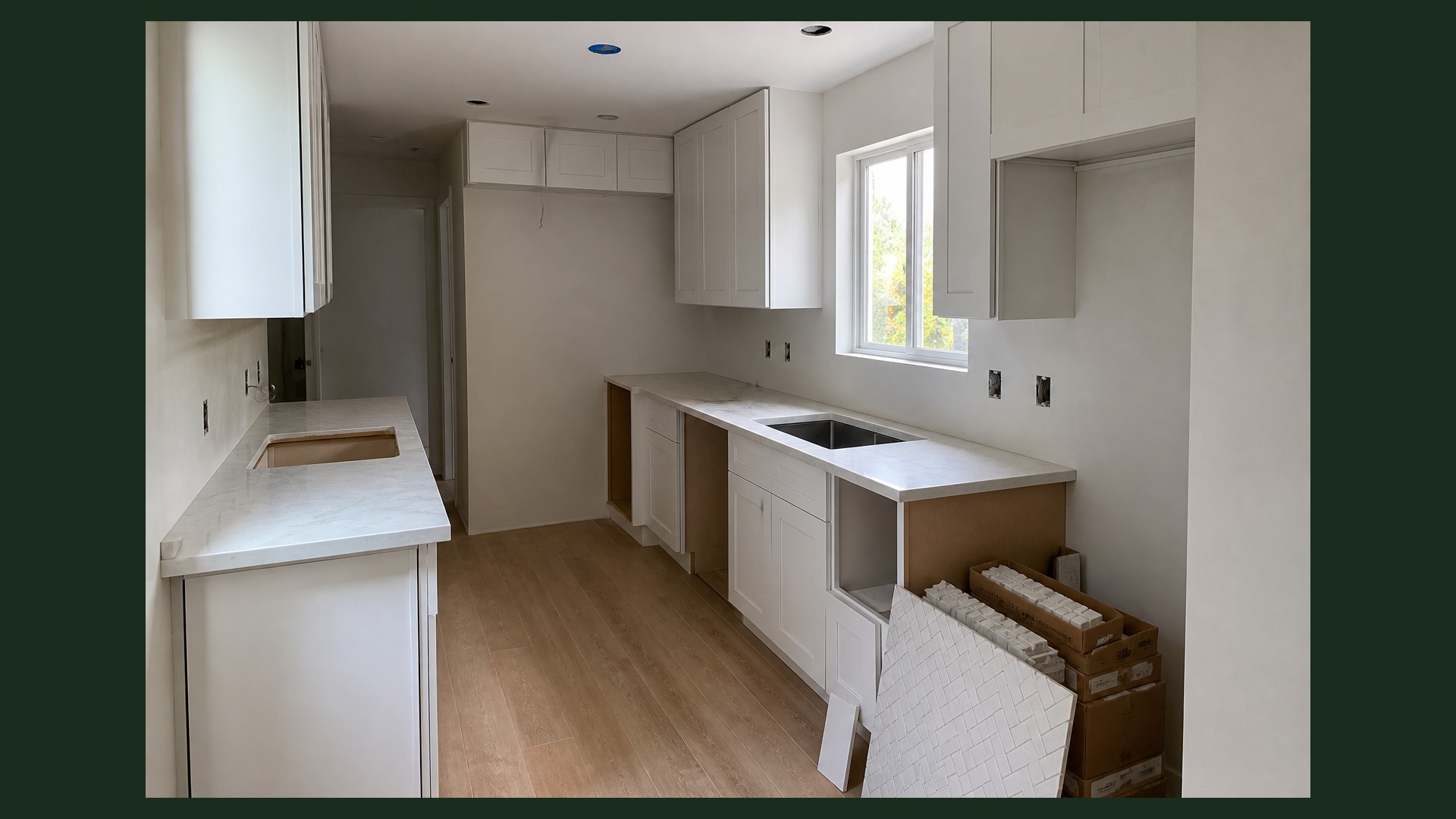 Photoreal Encino two-unit house with construction materials, no logos or text