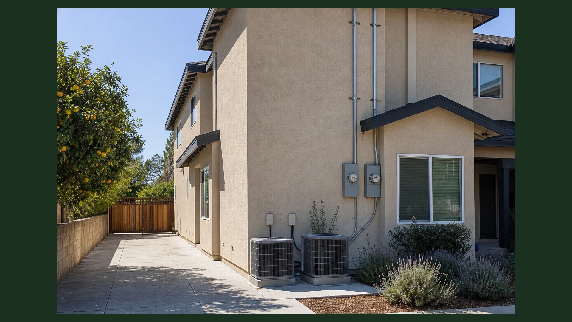 Photoreal Encino two-unit house and material samples, no diagrams