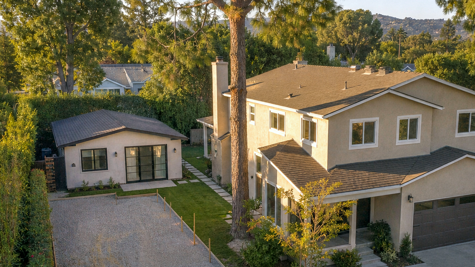 Photoreal Encino two-unit house and material samples, no diagrams
