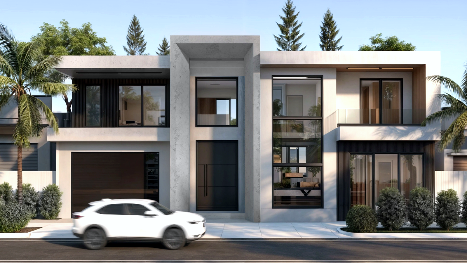 Photoreal Encino two-unit house and materials for an SB9 budget review, no people or dollar signs