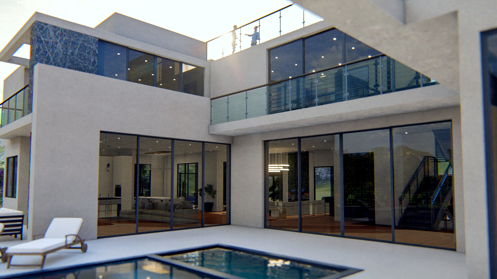 Photoreal Encino two-unit house with construction materials, no logos or text