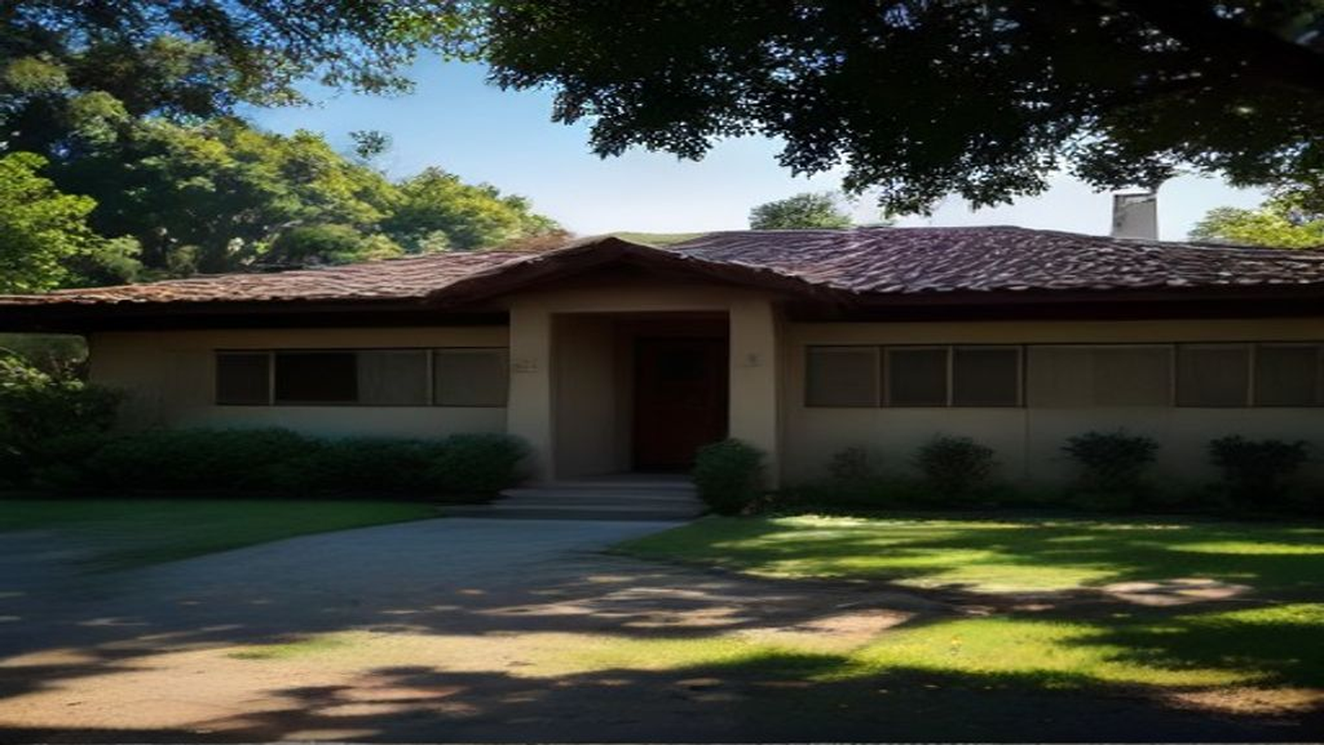Photoreal Encino two-unit house with construction materials, no logos or text