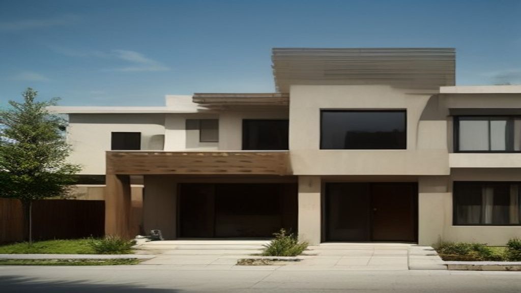 Photoreal Encino two-unit house and materials for an SB9 budget review, no people or dollar signs