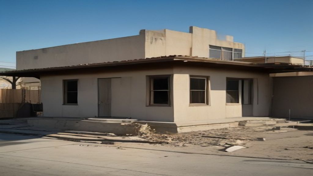 Photoreal Encino two-unit house and material samples, no diagrams