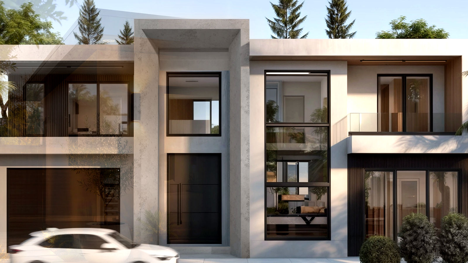 Photoreal Encino two-unit house with construction materials, no logos or text