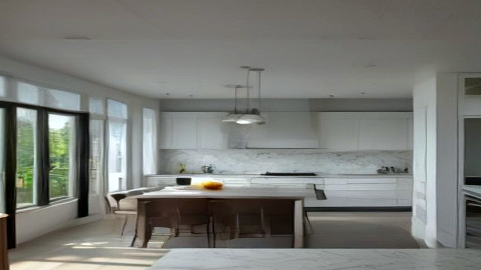 Photoreal Encino two-unit house and material samples, no diagrams
