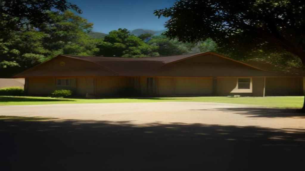 Photoreal Encino two-unit house with construction materials, no logos or text