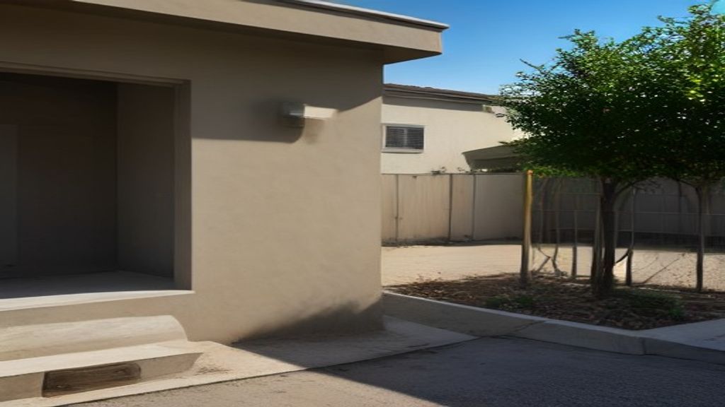 Photoreal Encino two-unit house and material samples, no diagrams