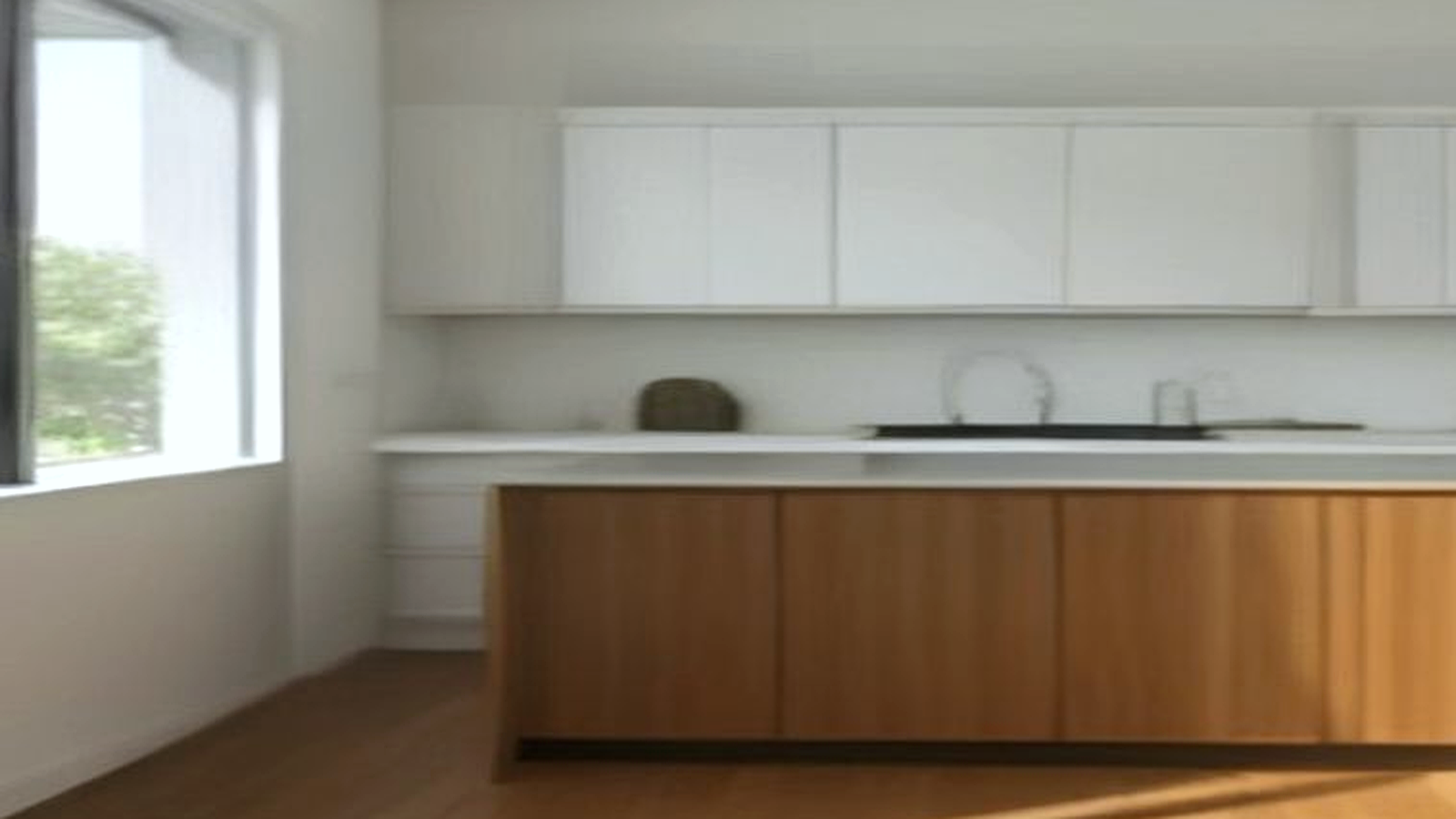 Photoreal Encino two-unit house with construction materials, no logos or text