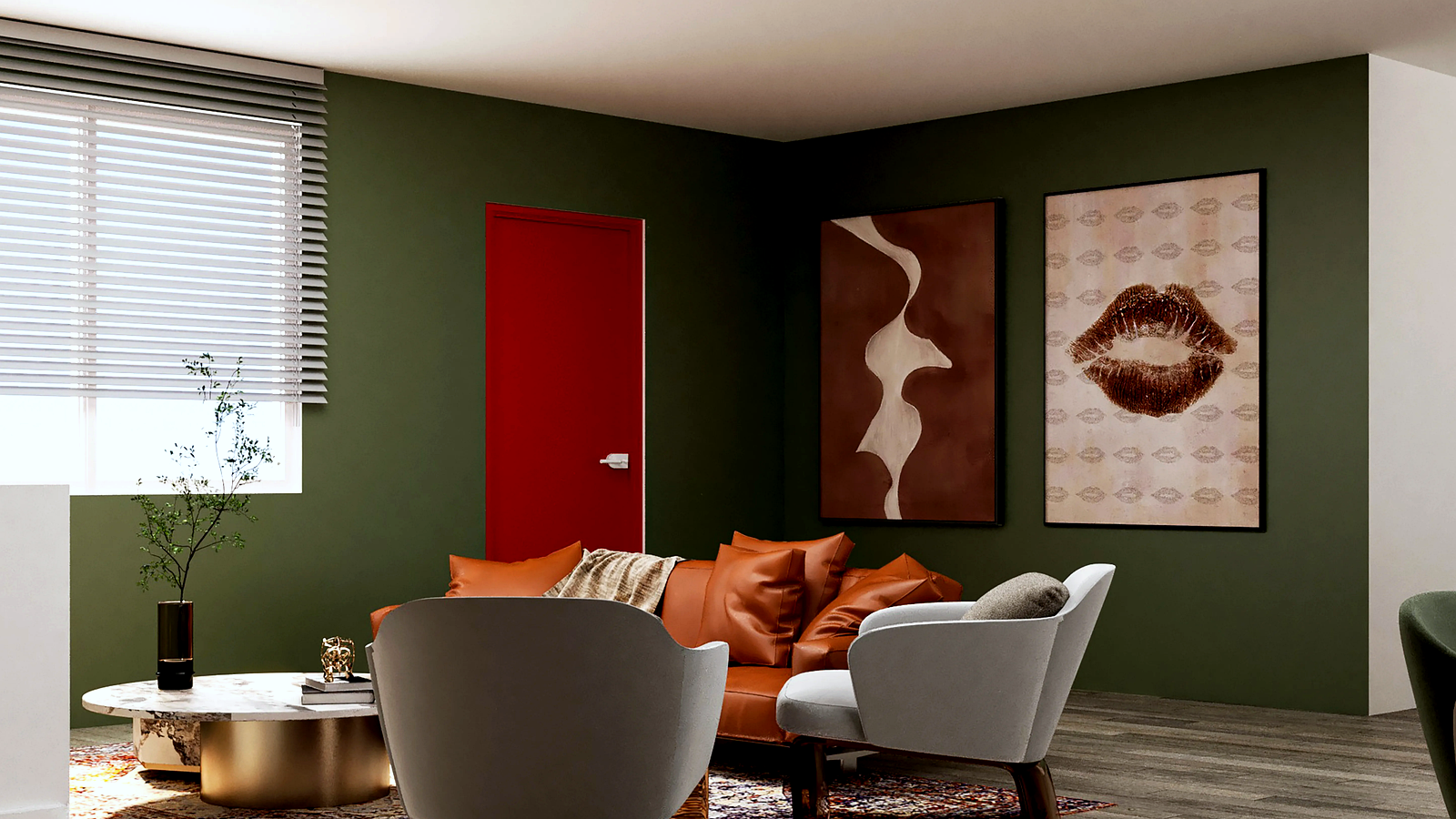 Photoreal Encino two-unit house and material samples, no diagrams
