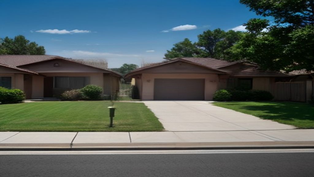 Photoreal Encino two-unit house with construction materials, no logos or text
