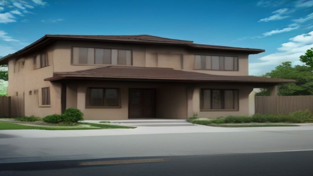 Photoreal Encino two-unit house and material samples, no diagrams