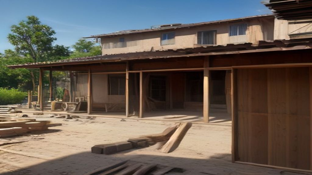 Photoreal Encino two-unit house and materials for an SB9 budget review, no people or dollar signs