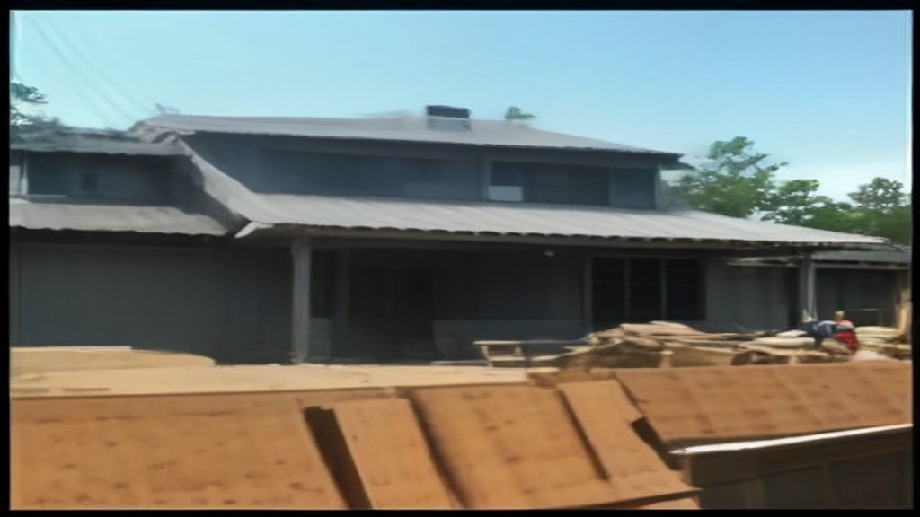 Photoreal Encino two-unit house with construction materials, no logos or text