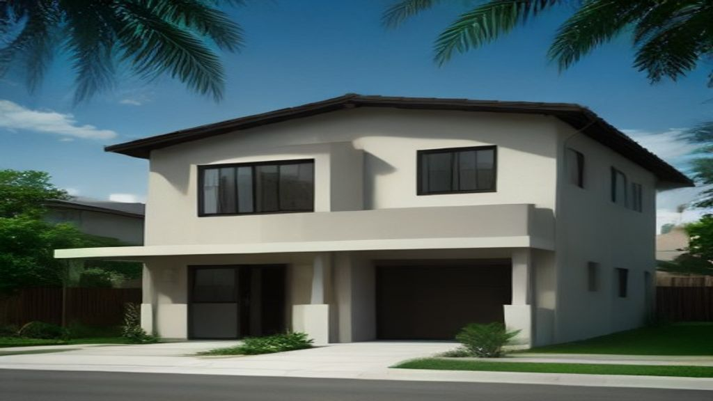 Photoreal Encino two-unit house and materials for an SB9 budget review, no people or dollar signs
