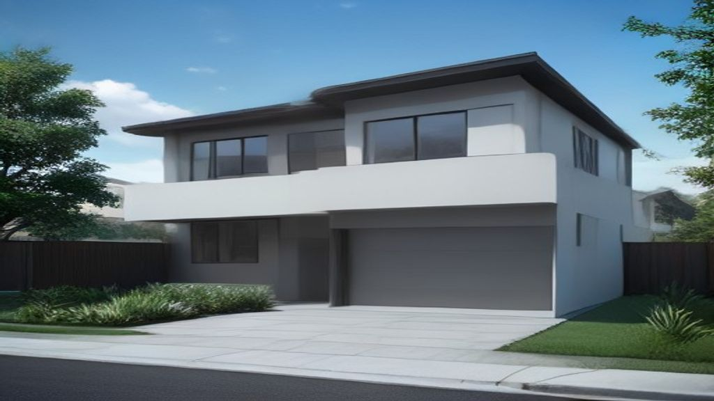 Photoreal Encino two-unit house and material samples, no diagrams
