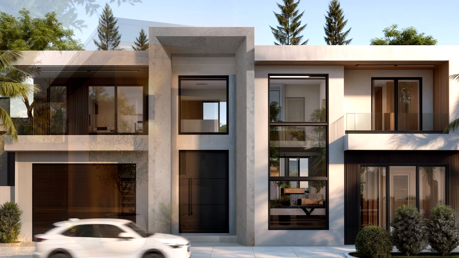Photoreal Encino two-unit house and materials for an SB9 budget review, no people or dollar signs