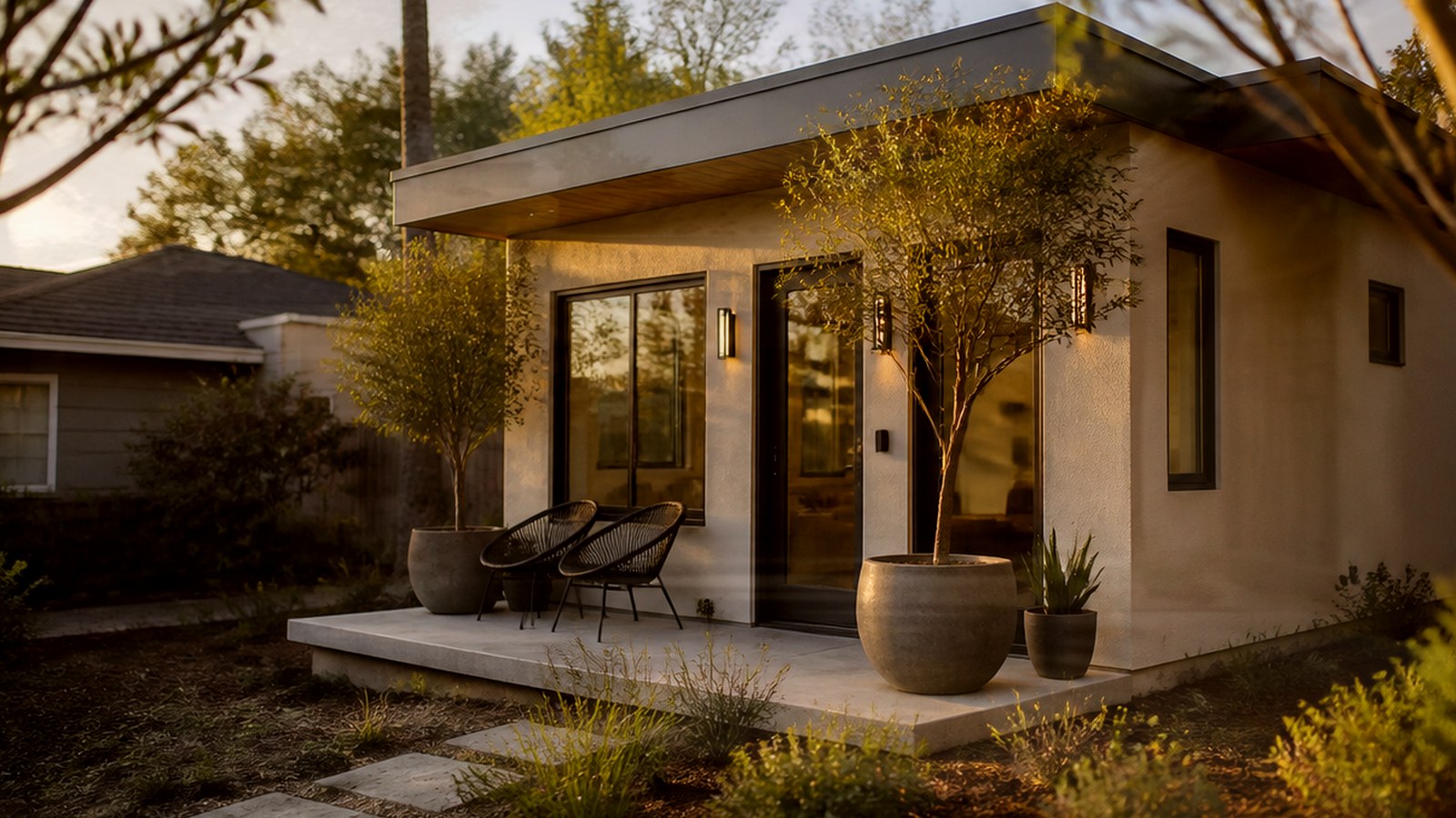 Photoreal Encino two-unit house and material samples, no diagrams