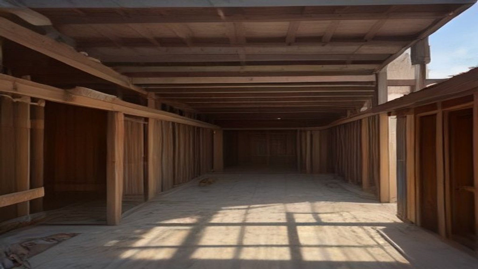Photoreal Encino two-unit house with construction materials, no logos or text