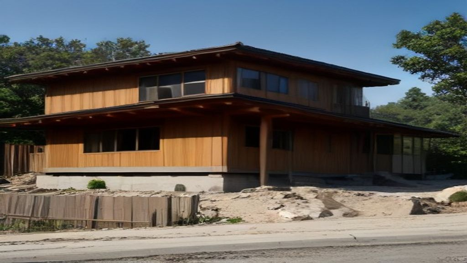 Photoreal Encino two-unit house and materials for an SB9 budget review, no people or dollar signs