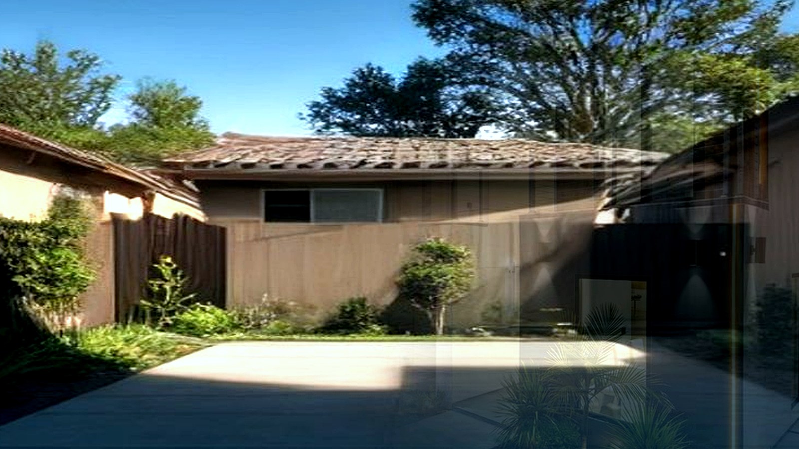 Photoreal Encino two-unit house and materials for an SB9 budget review, no people or dollar signs