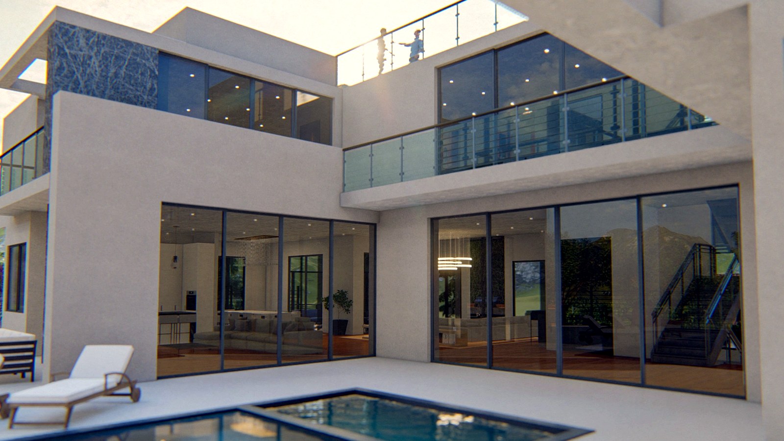 Photoreal Encino two-unit house with construction materials, no logos or text