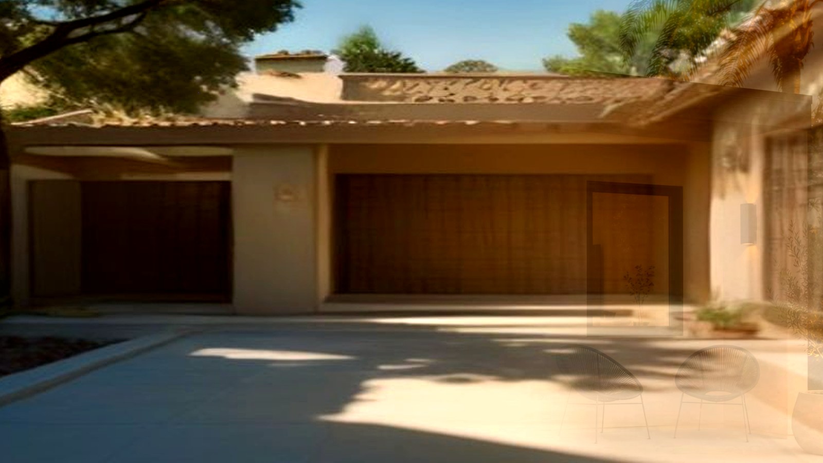 Photoreal Encino two-unit house and material samples, no diagrams