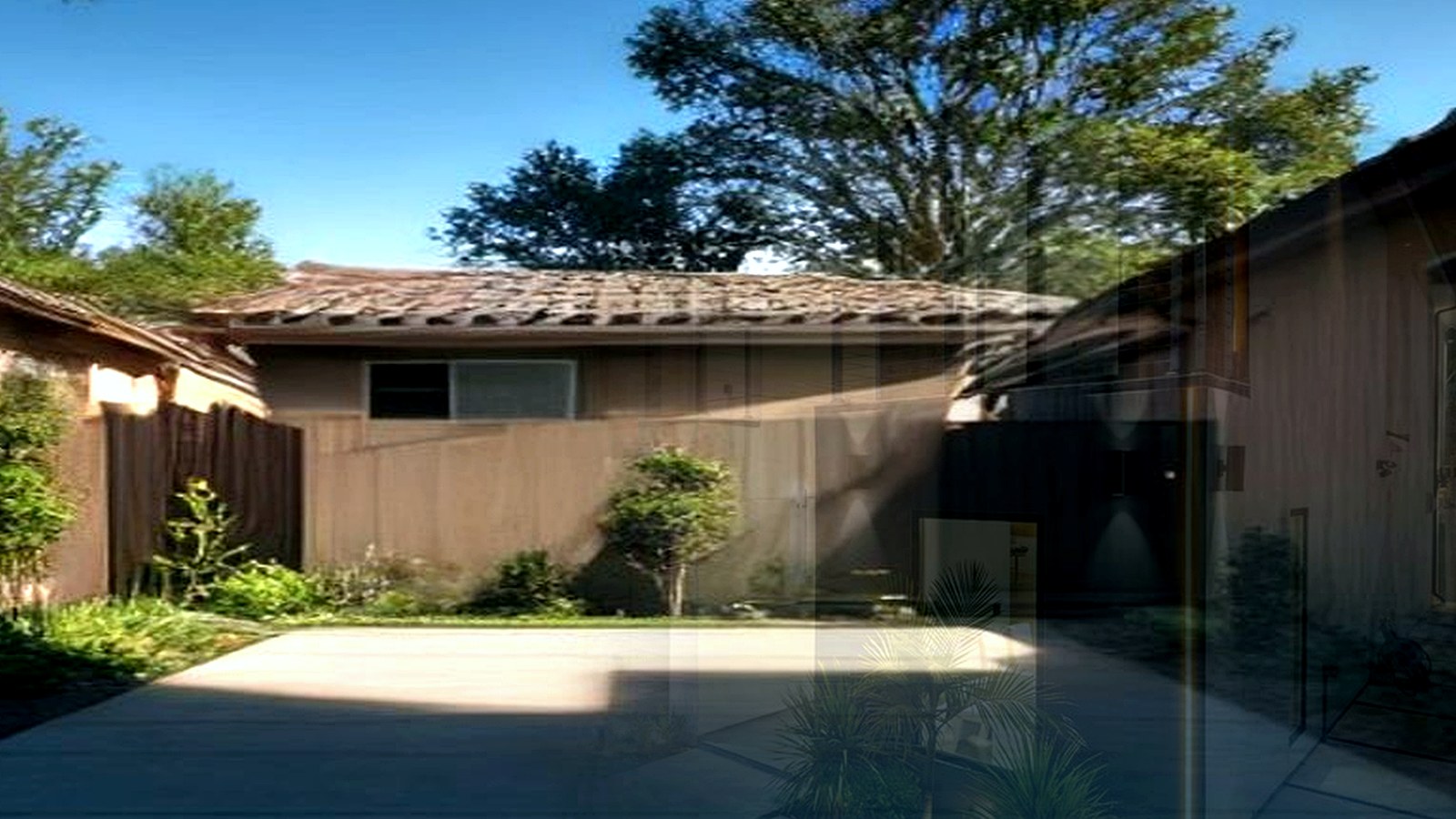 Photoreal Encino two-unit house and materials for an SB9 budget review, no people or dollar signs