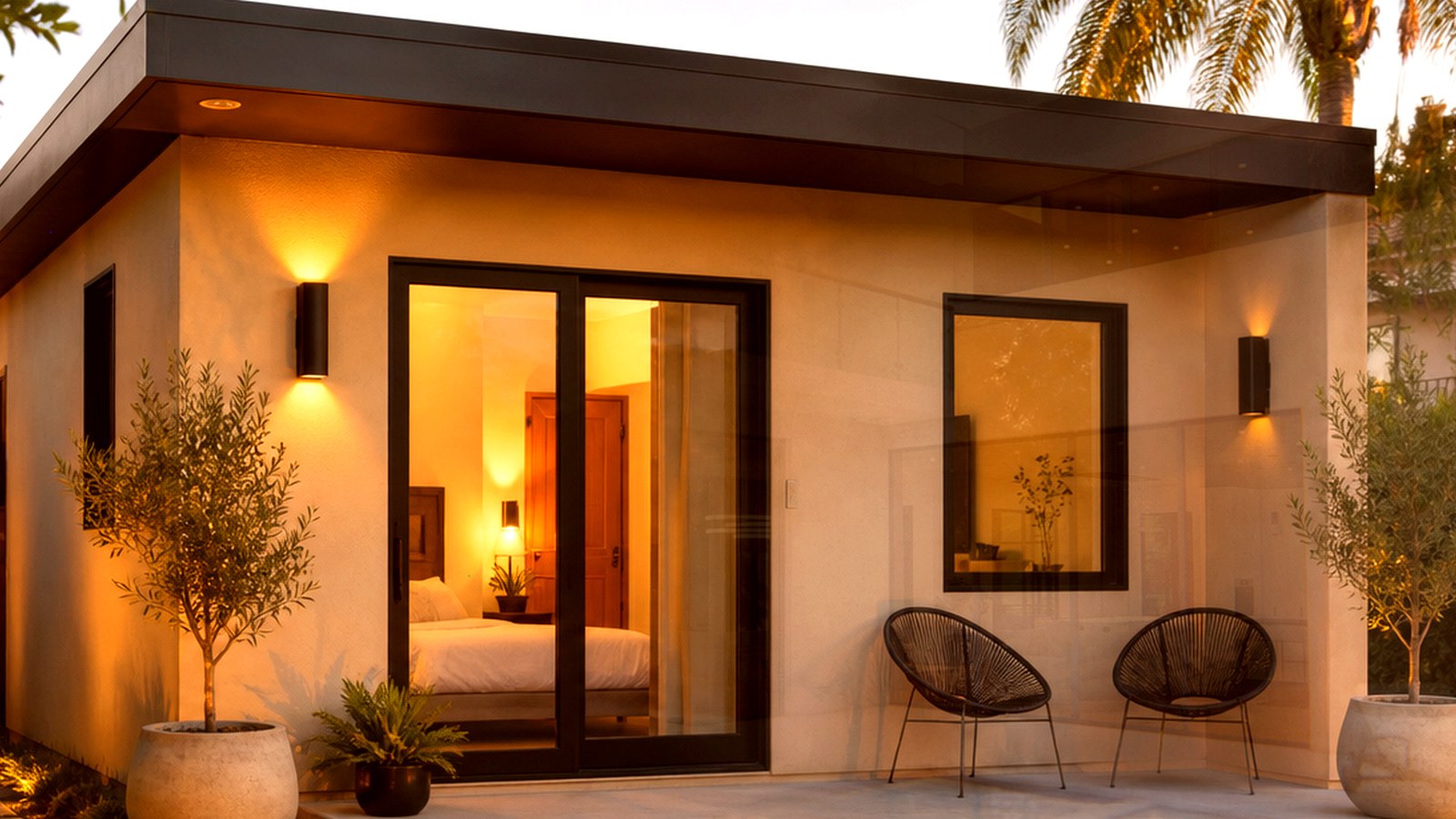 Photoreal Encino two-unit house with construction materials, no logos or text